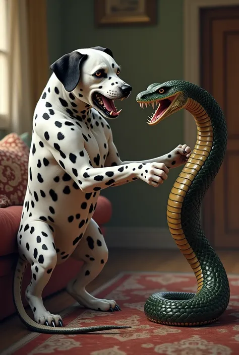 A Dalmatian dog and a snake fighting in a house