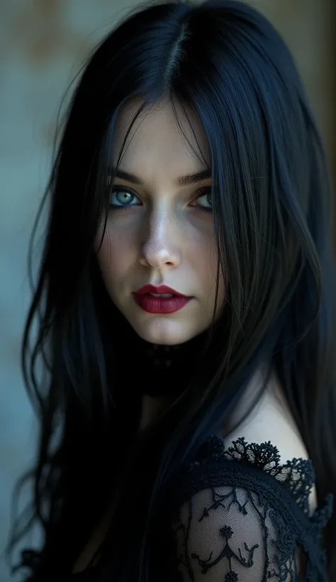 Vampire Gothic ,  waist-length black hair,   Blue Eyes
