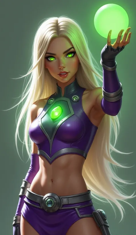 The image shows a young woman with long, flowing hair that transitions from blonde to soft pink at the tips. Her vibrant green eyes glow with intensity, matching the luminous green orb she holds above her raised hand. She is dressed in a sleek, futuristic ...