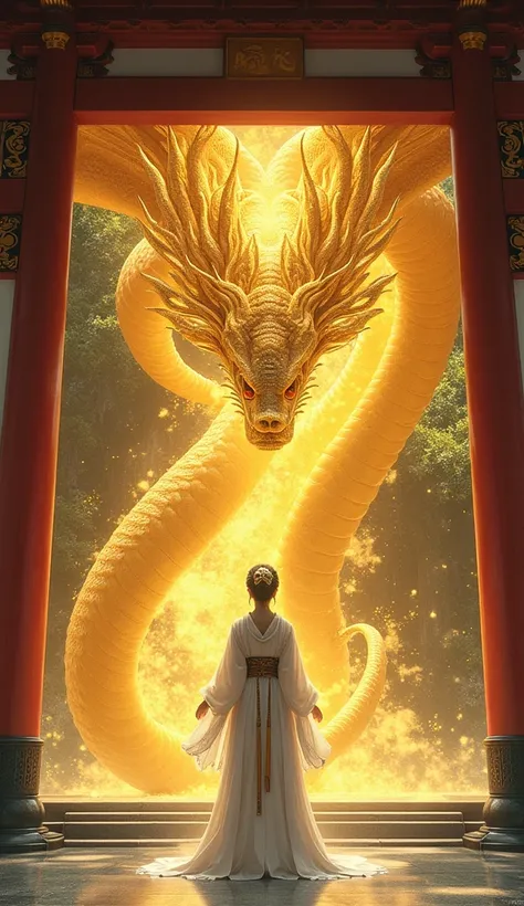 A snake with a golden body、Im drawn to a real, beautiful shrine maiden、The background is a shrine、The shrine maiden faces straight ahead