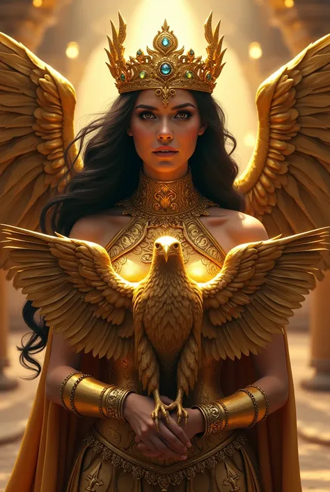  royal woman .   gold warrior crown with wings gold.   warrior gold with eagle in her arms . Arabic . Wings gold . Wings