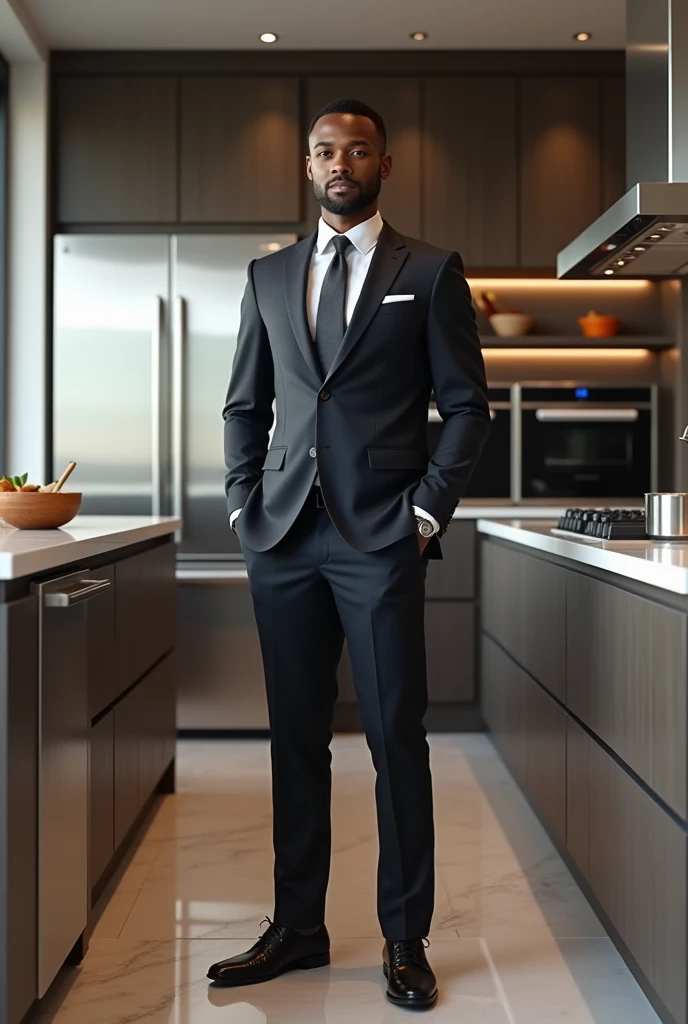  brown man, Handsome strong man in a tailor-made suit and in the background a modern and expensive kitchen