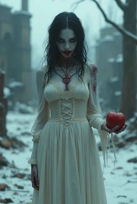 Beautiful and sensual Snow White zombie in a frozen forest offering a rotten apple. terror. cosmic horror.  desperation.  Professional boudoir photography .  Nude urbex .  Post Apocalyptic Landscape. steampunk. Luis Royo. Helmut Newton. decadencia.  Ruins ...