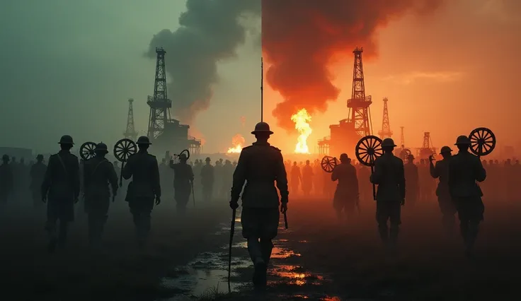 A battlefield-like scene where British soldiers in India are suppressing local uprisings, while on the other side, they are seen guarding oil rigs in Iraq. Include symbolic elements like Indian spinning wheels and Iraqi oil barrels.

Style: Cinematic with ...