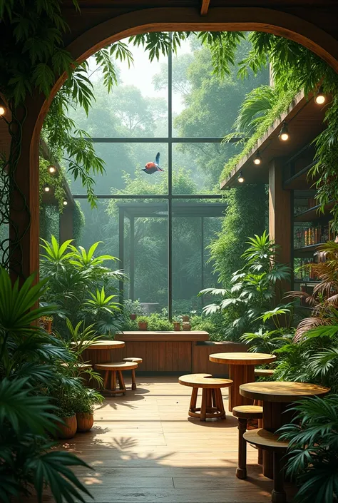 make a jungle theme cannabis coffeshop with a glass zoo in the backyard 