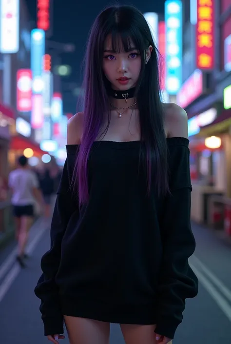 asian, real photo, A captivating Japanese girl, beautiful cute, Beautiful girl , 4k-ultra sharp、highest quality, masterpiece, ultra high resolution, (reality: 1.4), *********** girl, purple eyes, Off-the-shoulder sweater dresses, cinematic lighting、purple ...