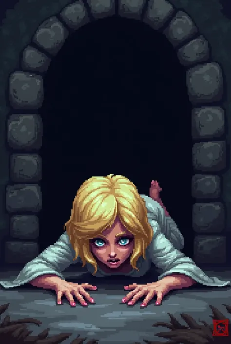 pixelart blond women fallen on the ground scared retro dark fantasy style 