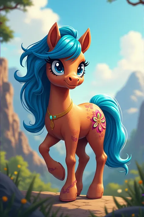 une marque de beauté my little pony pour une ponette aventureuse et courageuse , qui se blesse souvent mais ca ne la derange pas. Elle est marron avec une crinière bleue