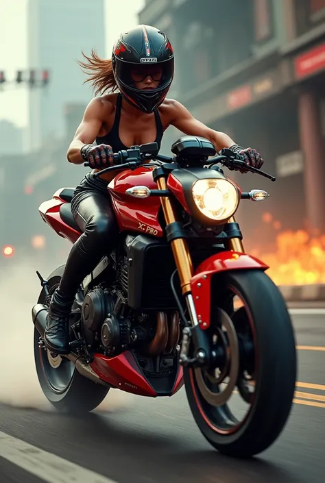 Here is a picture of a dark tan female wearing a helmet and riding a red and black X-PRO 250cc speed bike with an attractive, curvy figure and short curly brown hair: