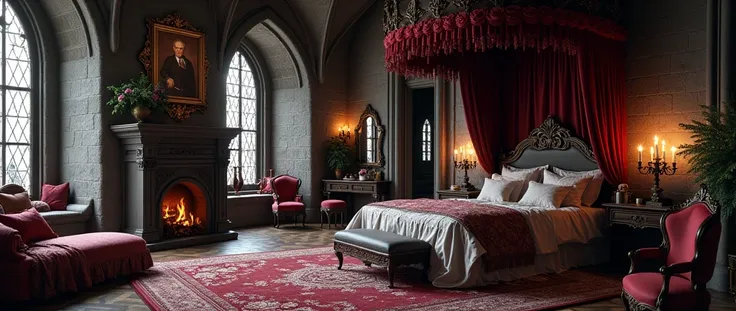 Bedroom of gothic castle, royal lace bed with intericate royal motifs, medieval goth arcitecture, rose flowers ornamnents, classic valance, beautifull silk curtains, torch lighting, warm ambient light at night, chessie lounge chair, royal era luxury dressi...