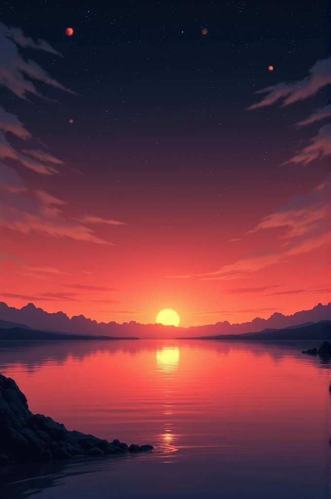 Generate background art similar to the one in neon genesis evangelion final scene. make the sunset horizon orange/pinkish-red, make it less galaxy like, make the top sky black/dark with stars and feint planets