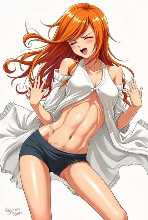 Inoue Orihime from bleach belly punched navel out and bare feet tongue out