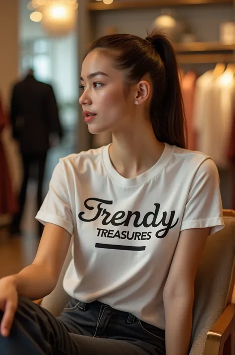 A lady sitting in a large fashion store, she has nice ponytail hair style age she wears a Tshirt  with the word boldly written "Trendy Treasures NG"