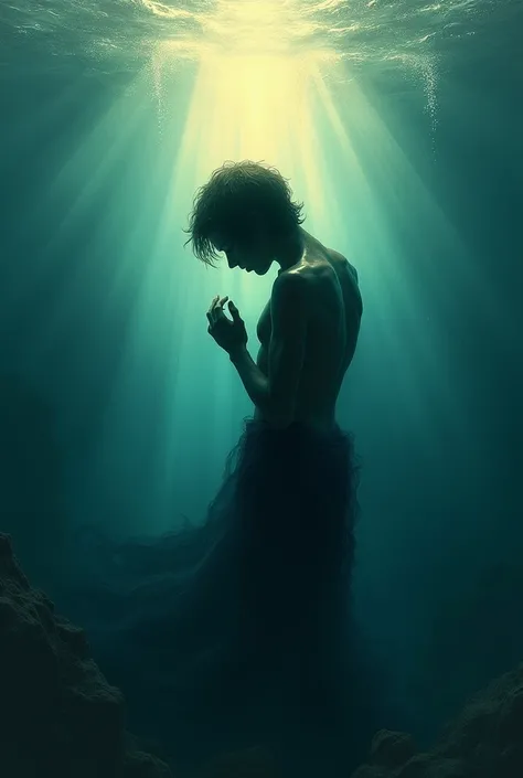 A drawing base of a shockingly sad person embracing the sea under the sea with a radiant light offering comfort