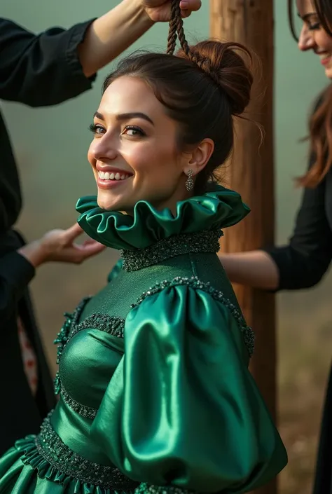 (realistic photograph close up sideways), (a pleased beautiful Caucasian lady with (messy hair bun), she is wearing (an extraordinaire iridescent green gown with (long gigantic pouf sleeves), (and with an ultra high tight stand-up collar up to her cheeks)+...