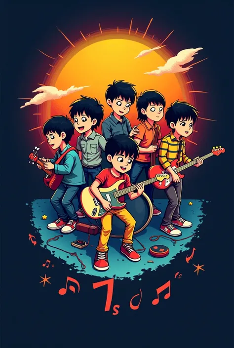 Logo pour un groupe de rock qui s’appelle 7’sun. C’est un groupe 7 enfants de 11 ans. 
1 boy plays the drums 
1 boy plays bass
1 boy plays guitar
1 other boy plays guitar 
1 girl plays the piano 
1 girl sings
1 other girl sings 
