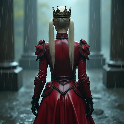 A woman from behind,  platinum blond hair in two pigtails, Crown, armure rouge, military, boots, rain, 4K, epic