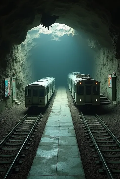 An old, underground metro station carved into a vast, mysterious cave. The station has two railroad tracks, both damaged and abandoned. On one track, a metro train is coming toward the station, visibly broken and deteriorating as if it’s about to stop. On ...