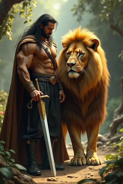  A man with a sword in his hand next to a golden lion.  The image of should look realistic . her hair is long and black , your modern clothes .