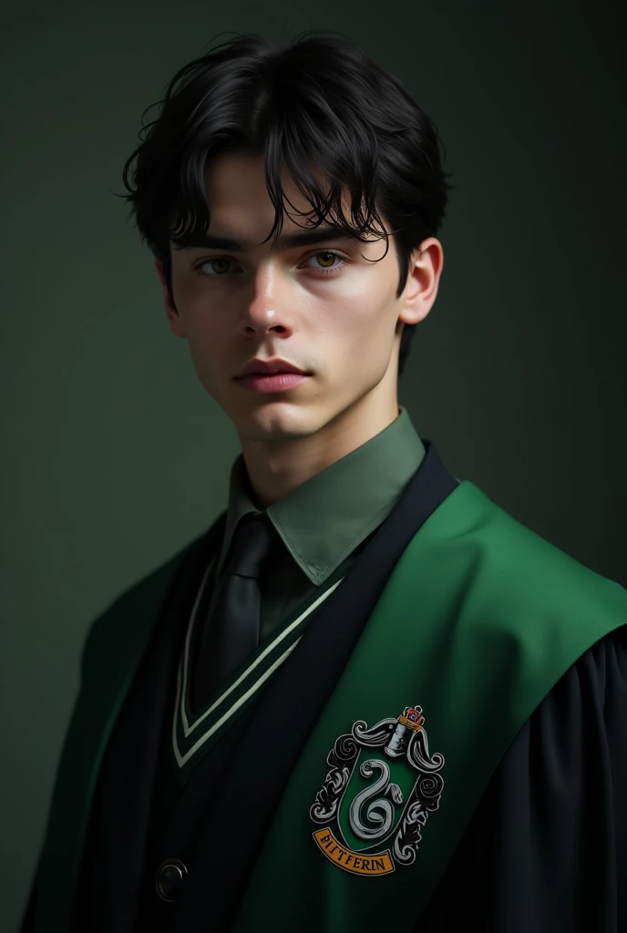 A dark hair man with neat side curls and sharp features in his Slytherin uniform