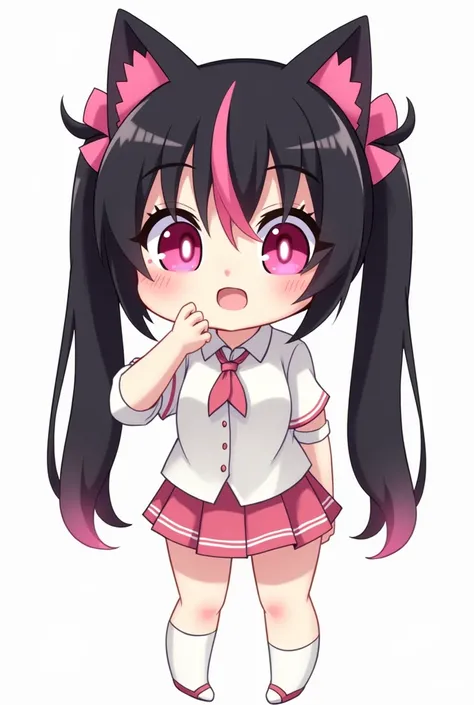 1 person、SD character、deformed、2d character、anime character、chibi character、Large, clear pink eye、、Cat ear、long black hair with pigtails、bright pink hair highlighting, full body shot、Short leg