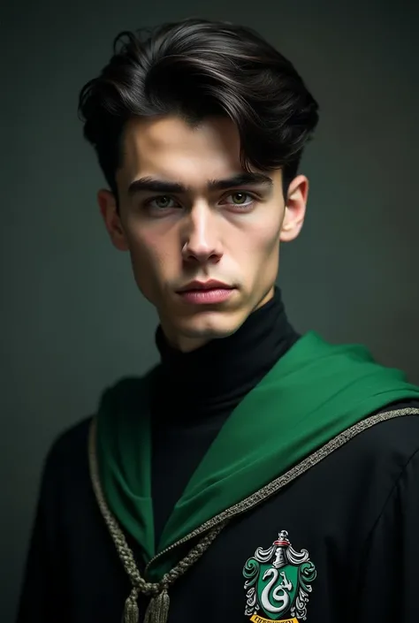 A dark hair man with neat side curls and sharp features in his Slytherin uniform