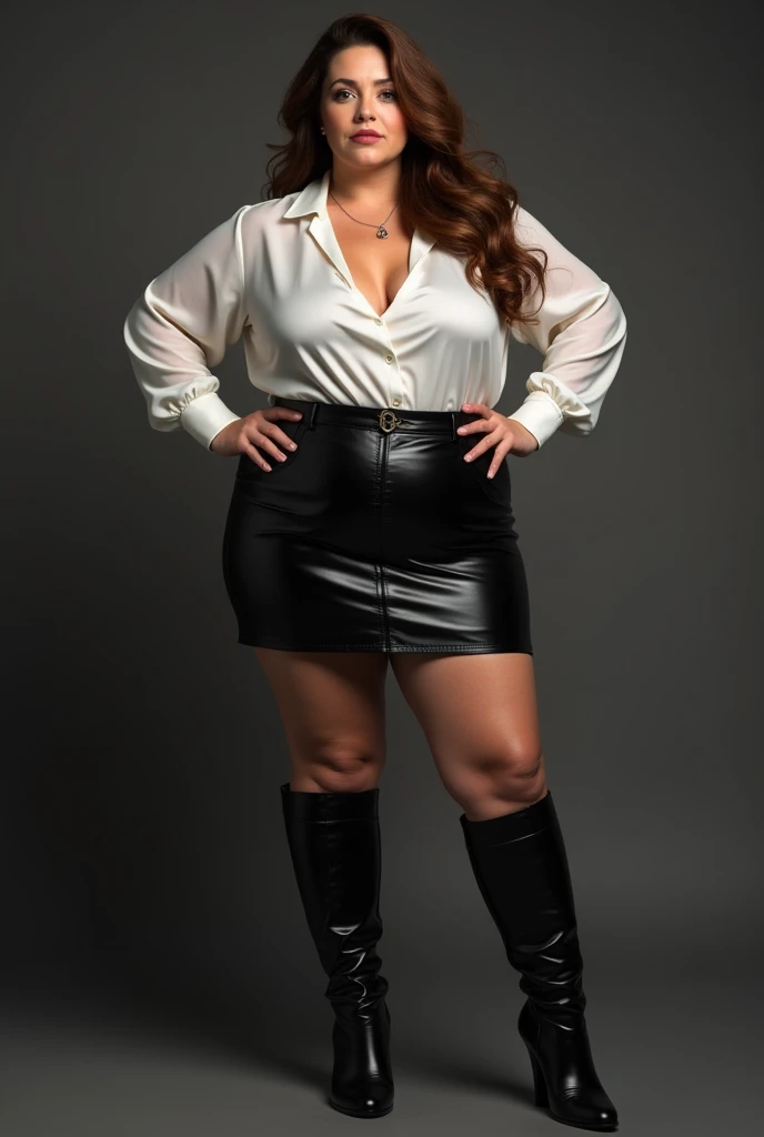 Tall plusize mature 55 year old housewife, brown hair, wearing black leather mini skirt, white silk shirt, black tights, black leather knee high bootsLong Hair, Brown Hair, 