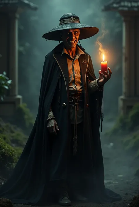 Exu giramundo wearing a hat  , shirt and black cape holding a candle in the dark laughing