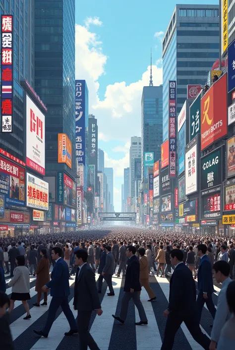 Draw a scene where the scramble crossing in Tokyo is full of people