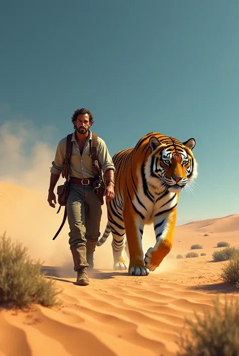 A man walks with a giant tiger in the desert 
