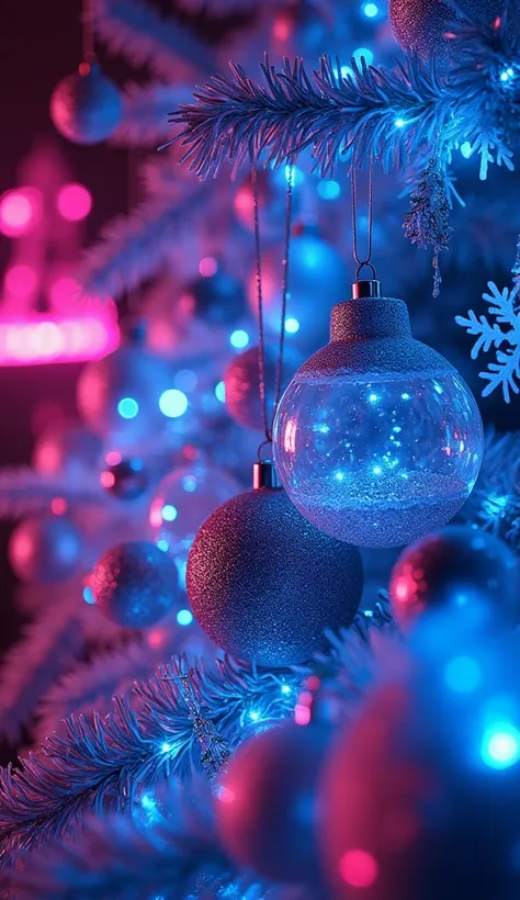 Christmas decorations and ornaments with blue and magenta neon lights