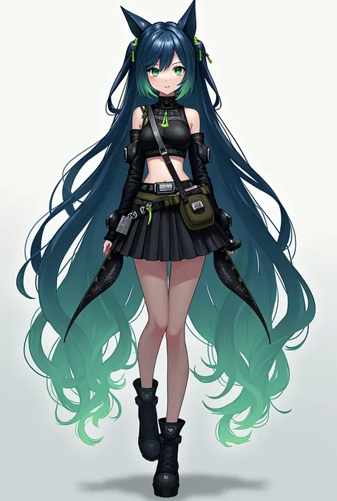  Create a character from the game Star Rail with the following characteristics :  long hair with navy blue fringes with olive green tips ,  wearing an urban style wearing a black sima outfit with a black mini skirt and black boots, with many accessories, w...