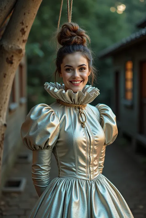 (realistic photograph close up sideways), (a pleased beautiful Caucasian lady with (messy hair bun), she is wearing (an extraordinaire iridescent colored gown with (long gigantic pouf sleeves), (and with an ultra high tight stand-up collar up to her cheeks...