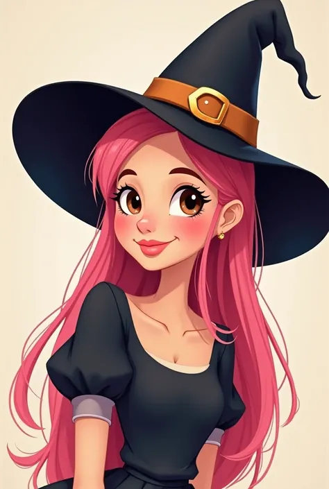 Disney style 2D illustration.
a woman,  brown eyes , straight pink hair . smiling. witch hat.  Her face is round and has full cheeks .