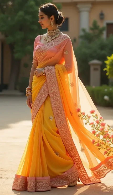 A pastel peech and yellow  colour saree with heavy embroidery 