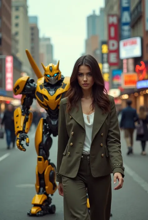 a cute Brunette,walking in the city,with transformers Bumblebee on her side,realistic,aesthetic photo,looking to viewer 