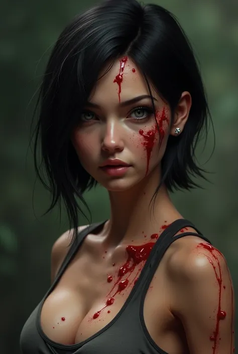 (Carnage), (ultra real), (figure), (High resolution), (8K), (very detailed), (Best figure), (detailed and beautiful eyes), (highest quality), (Super detailed), (masterpiece), (wallpaper), Generate a highly realistic image of Lara kroft, black hair, short h...