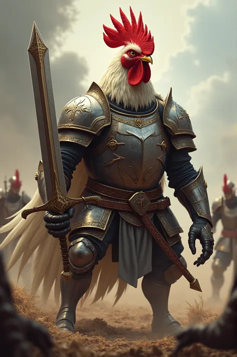 Chicken in armor in the war with a big sword 