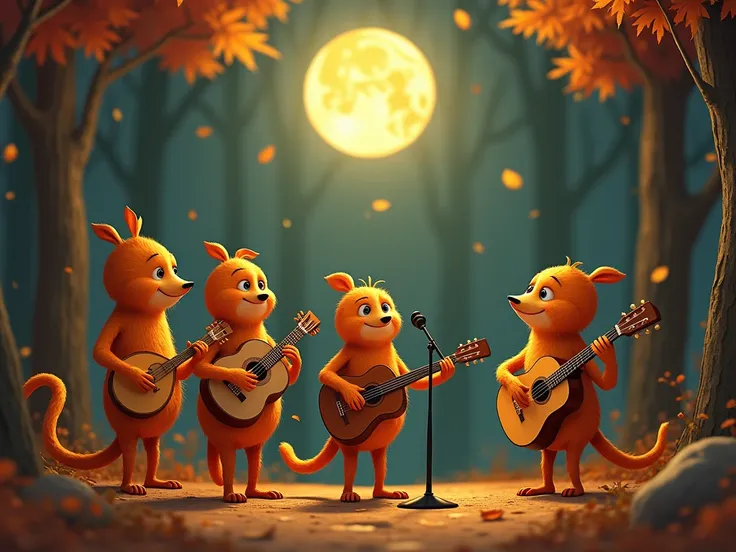  A 2D animation of a folk music band composed of anthropomorphic autumn leaves,  each playing traditional bluegrass instruments ,  in a rustic forest setting dotted with the soft light of the full Moon . --s 100 --c 0