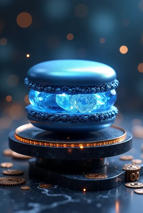 Create a futuristic, luxurious image of a macaron crafted entirely from non-edible materials. The top and bottom shells of the macaron should be made of smooth, polished blue titanium, with a metallic sheen and reflective surface. The filling should consis...