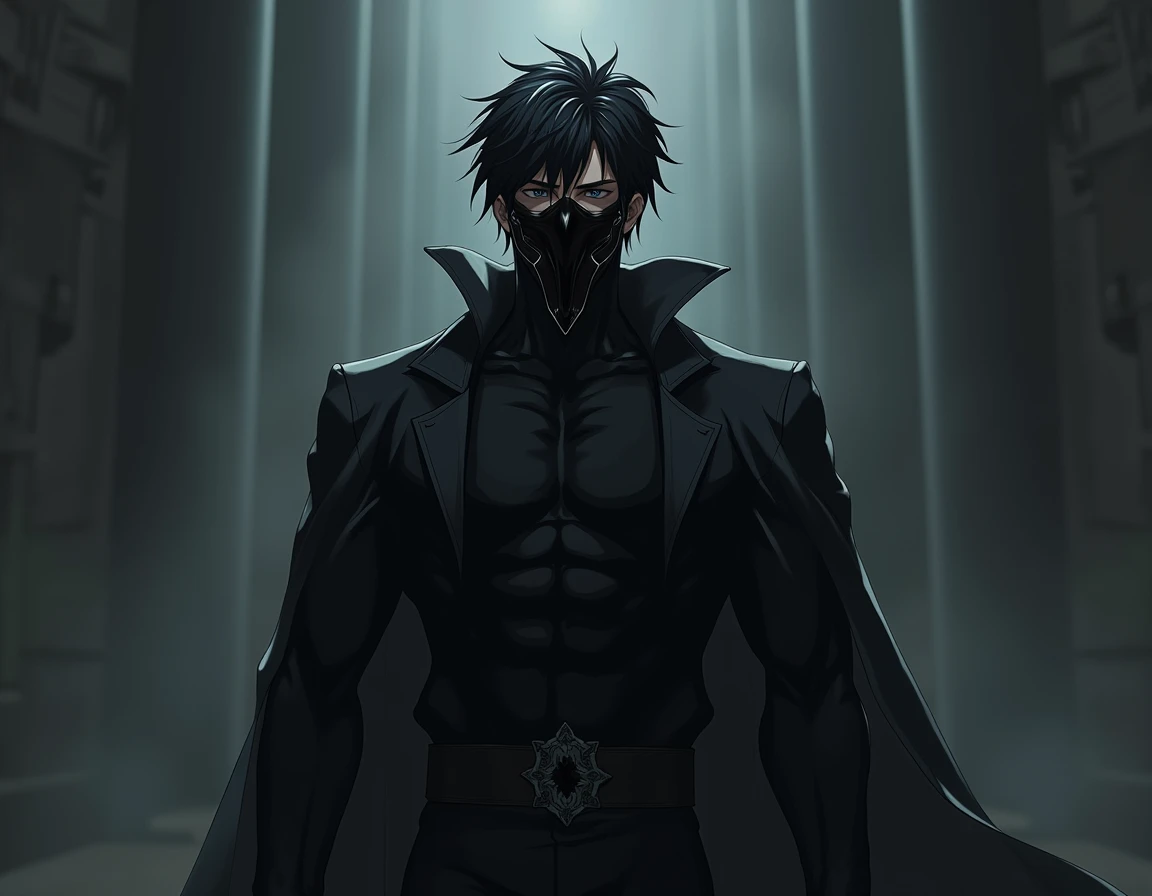 Create an image of a male black-haired anime character , high, muscular,  always wearing a black costume and a Black Death mask that covers his face