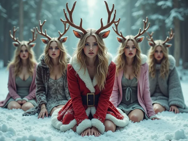 (transformation:2), a group of human mean girls being transformed into Christmas reindeer by Santa Claus. Human-deer hybrid women in mid-transformation (reindeer ears, reindeer tails, reindeer hooves, reindeer antlers, feminine bodies, feminine face pushin...