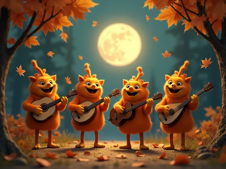 A 2D animation of a folk music band made up of anthropomorphic autumn leaves, each playing traditional bluegrass instruments, set against a rustic forest backdrop dotted with the soft light of a full moon. --s 1000 --c 100