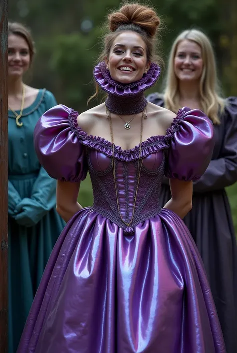 (realistic photograph close up sideways), (a pleased beautiful Caucasian lady with (messy hair bun), she is wearing (an extraordinaire iridescent purple gown with (long gigantic pouf sleeves), (and with an ultra high tight stand-up collar up to her cheeks)...