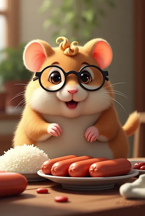 A cute male hamster with curly hair is eating 5 sausage along with rice on a table.please add curly hair on top and a spectacle 