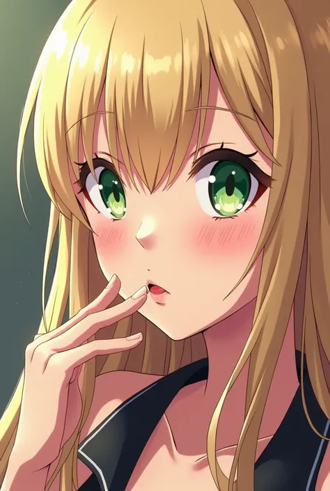 Create an image of a blonde Caucasian woman with big boobs sucking the tip of the glans penis, She has long straight hair , anime-style green eyes