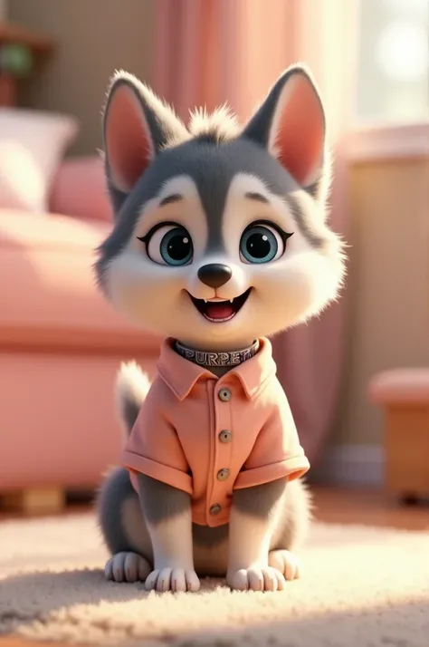  Animated baby husky dog ,  with a collar that says  "Purpet " and button-down shirt 