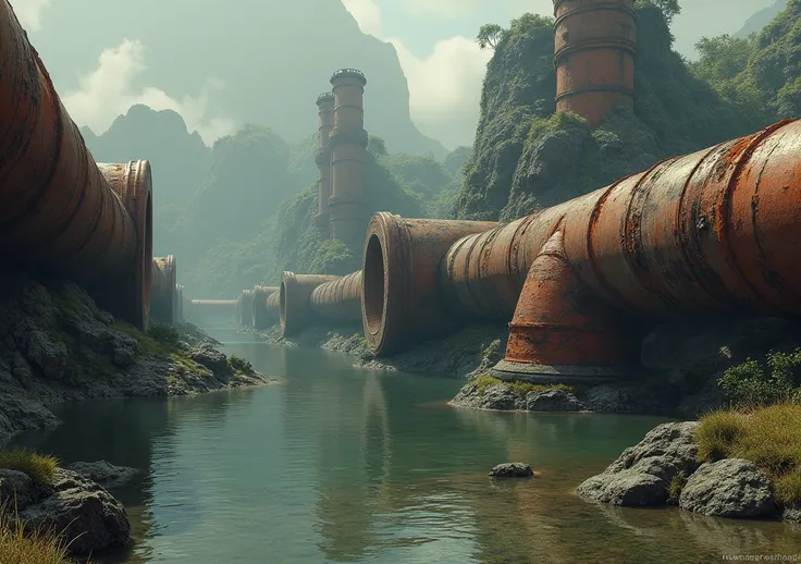 More the pipes are thick and rusty 、 they feel like they are sticking out of shallow water 、 the texture is aware of the background of Xenoblade