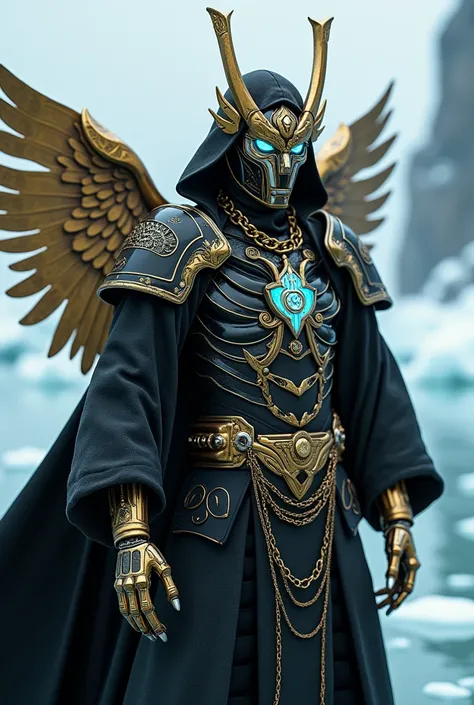 breathtaking cinematic science fiction photo of a portrait of a non human masked Grim dressed as a samurai with Oni mask with metal gold wings and chains around his neck in black, white and gold metalskin, body full glowing metrics inside, glowing multicol...