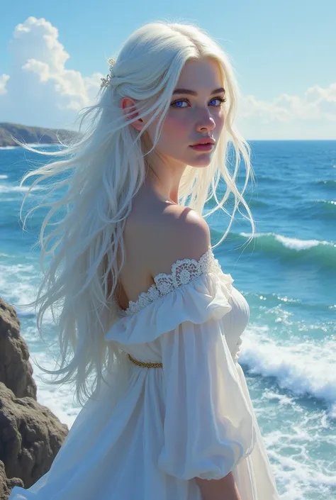 Fille de laenor velaryon, cheveux blanc et yeux violets, au bord de la mer, il y a du vent qui souffle